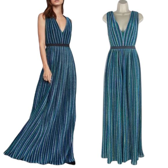 BCBGMaxAzria Metallic Striped Pleated Evening Gown Green Blue Size XXS - Picture 1 of 14